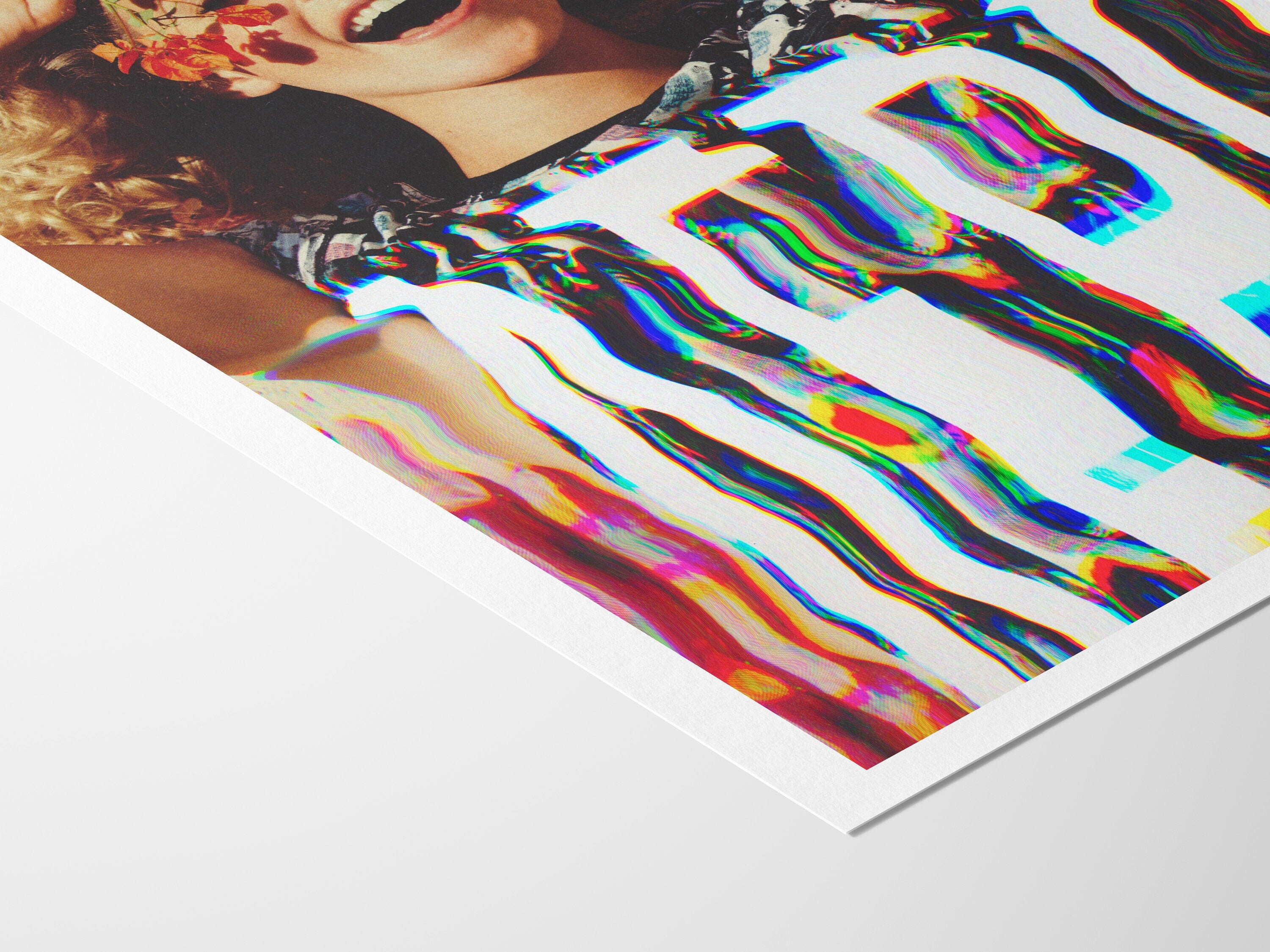 Vibrant Altered Portrait of Joyful Woman with Flowers - Colorful Glitch Art for Contemporary Home Decor | Untitled (7) Giclée Print