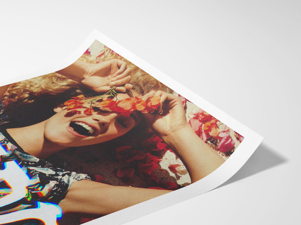 Vibrant Altered Portrait of Joyful Woman with Flowers - Colorful Glitch Art for Contemporary Home Decor | Untitled (7) Giclée Print