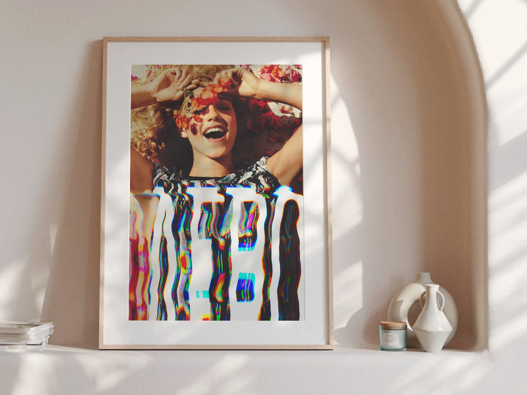 Vibrant Altered Portrait of Joyful Woman with Flowers - Colorful Glitch Art for Contemporary Home Decor | Untitled (7) Giclée Print