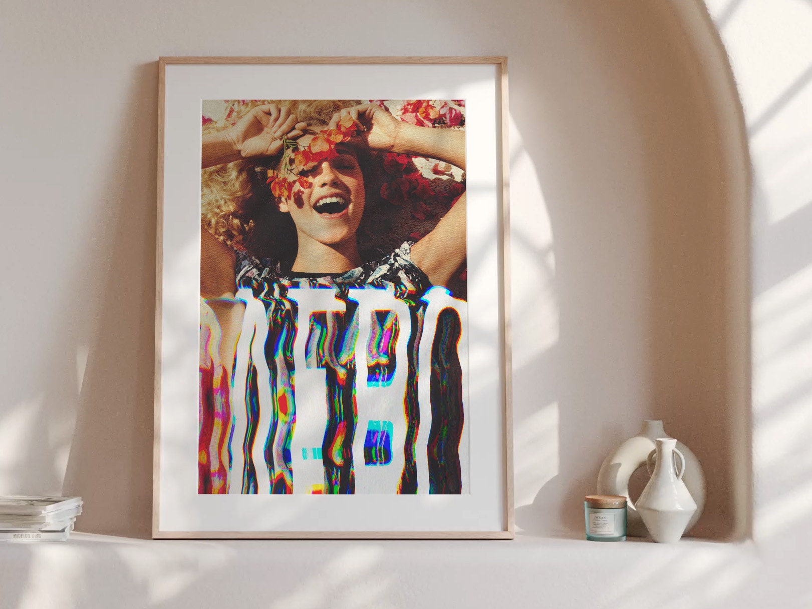 Vibrant Altered Portrait of Joyful Woman with Flowers - Colorful Glitch Art for Contemporary Home Decor | Untitled (7) Giclée Print