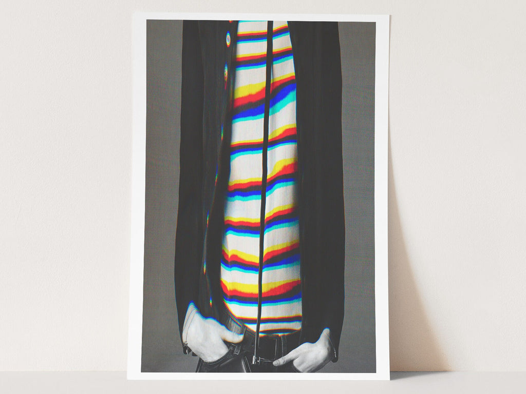 Stylish Altered Fashion Portrait - Colorful Striped Shirt with Abstract Glitch Aesthetic for Modern Decor | Untitled (12) Giclée Print