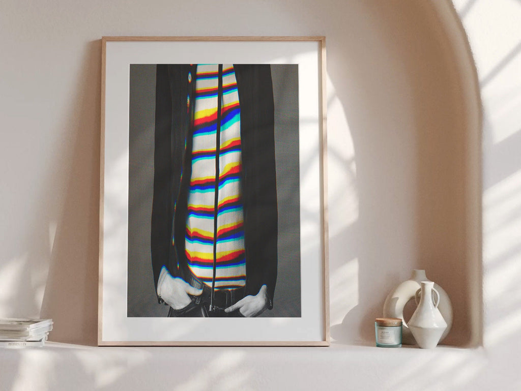 Stylish Altered Fashion Portrait - Colorful Striped Shirt with Abstract Glitch Aesthetic for Modern Decor | Untitled (12) Giclée Print