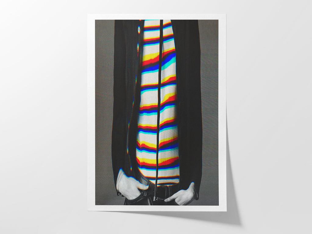 Stylish Altered Fashion Portrait - Colorful Striped Shirt with Abstract Glitch Aesthetic for Modern Decor | Untitled (12) Giclée Print