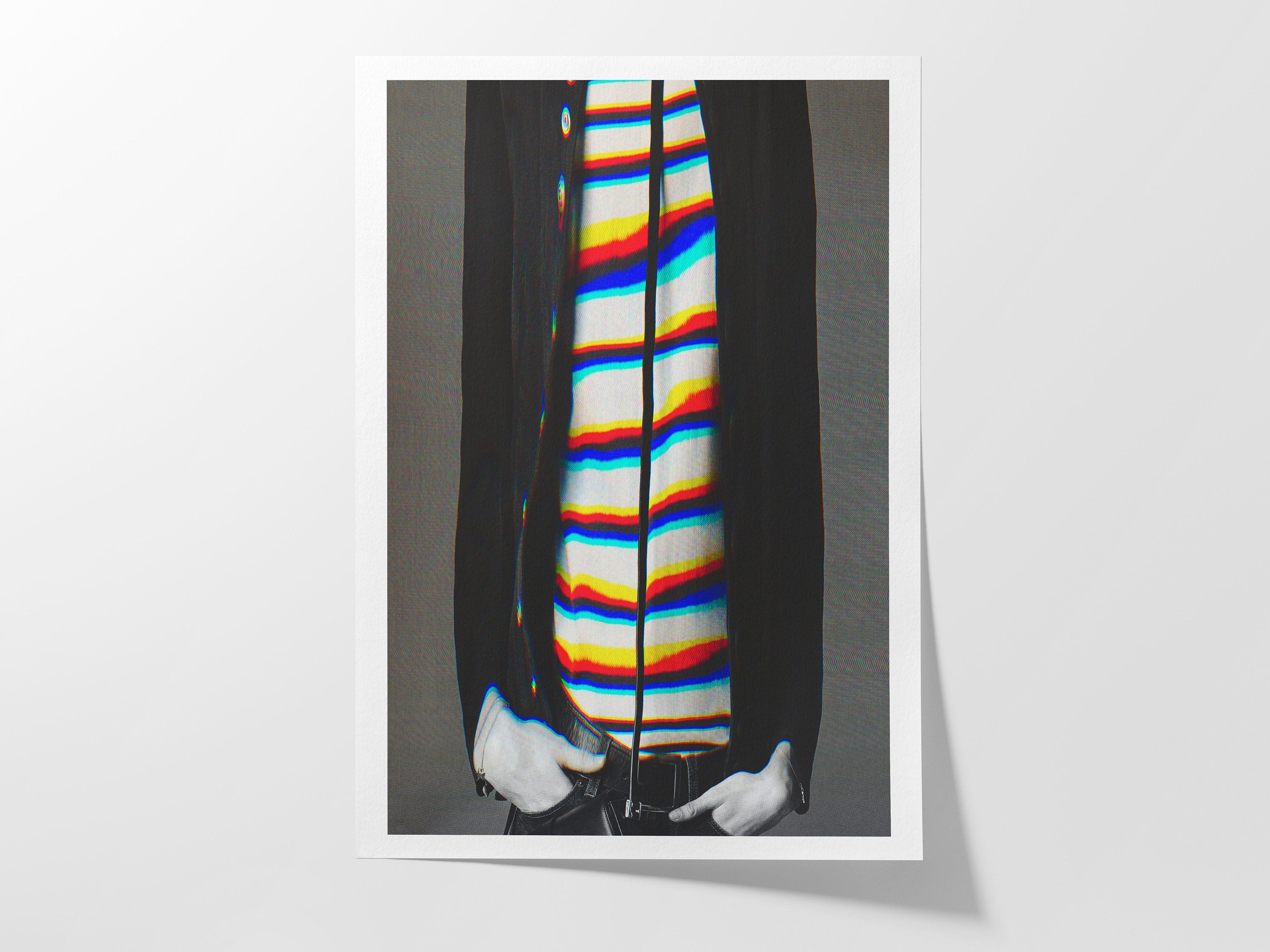 Stylish Altered Fashion Portrait - Colorful Striped Shirt with Abstract Glitch Aesthetic for Modern Decor | Untitled (12) Giclée Print