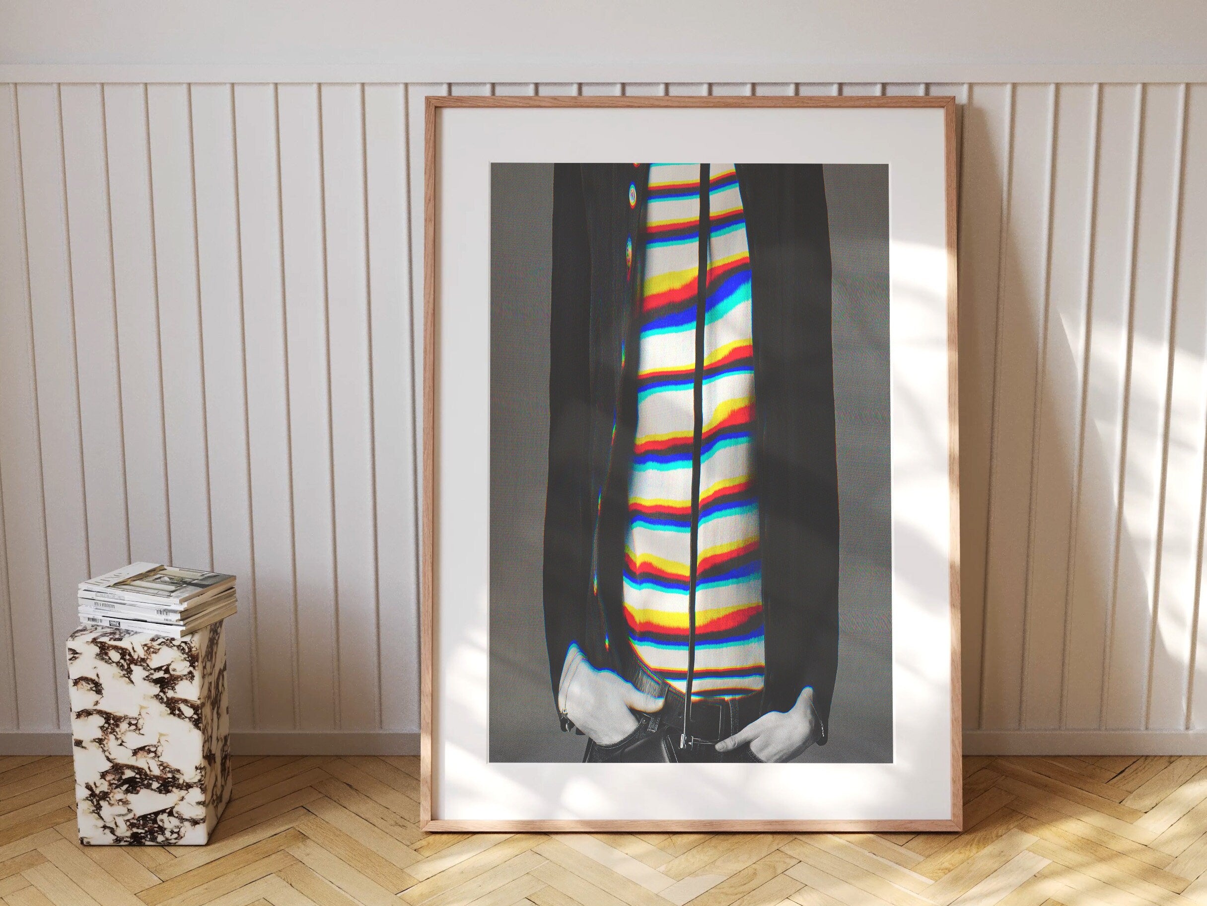 Stylish Altered Fashion Portrait - Colorful Striped Shirt with Abstract Glitch Aesthetic for Modern Decor | Untitled (12) Giclée Print