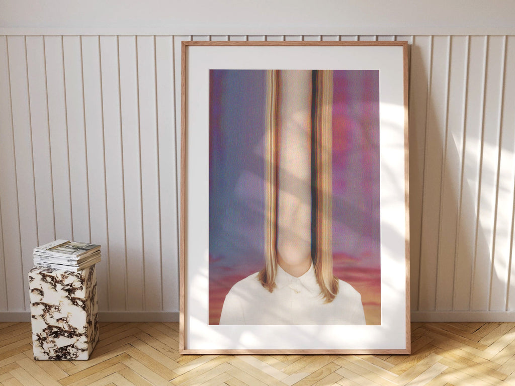 Glitch Altered Female Portrait Artwork - Colorful Blue, Purple, Pink Pastel Wall Decor for Living Room, Bedroom | Untitled (38) Giclée Print