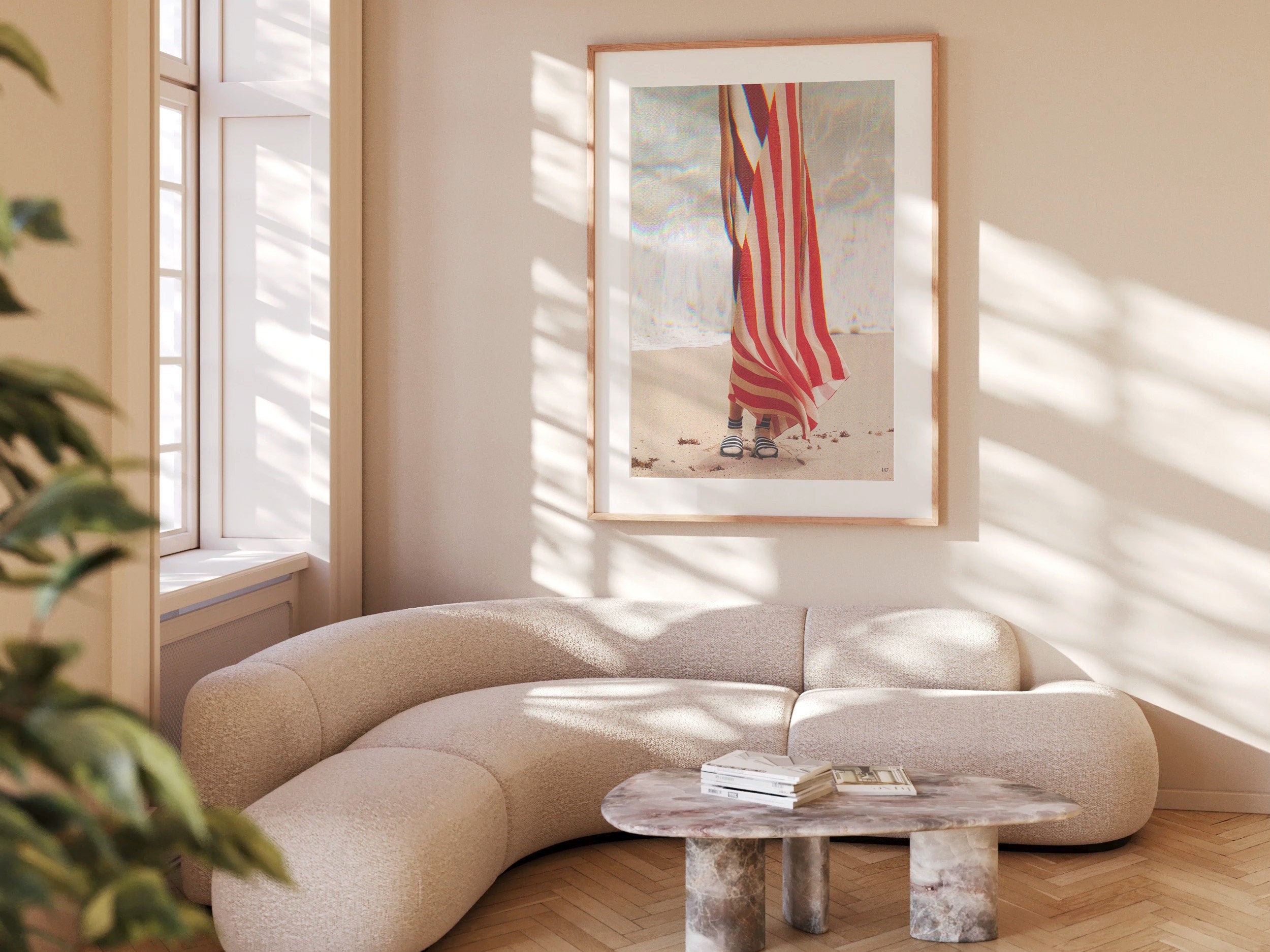 Surreal Altered Woman Portrait Wall Art - Red and White Stripes, Ocean Beach Aesthetic Decor for Home, Office | Untitled (40) Giclée Print