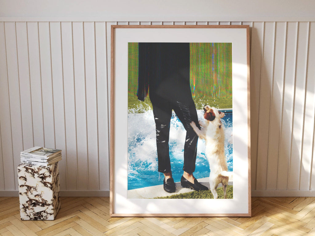 Blue Green Altered Fashion Photo Wall Art - Man and Dog Near Pool, Eclectic Decor for Home, Office, Living Room | Untitled (47) Giclée Print