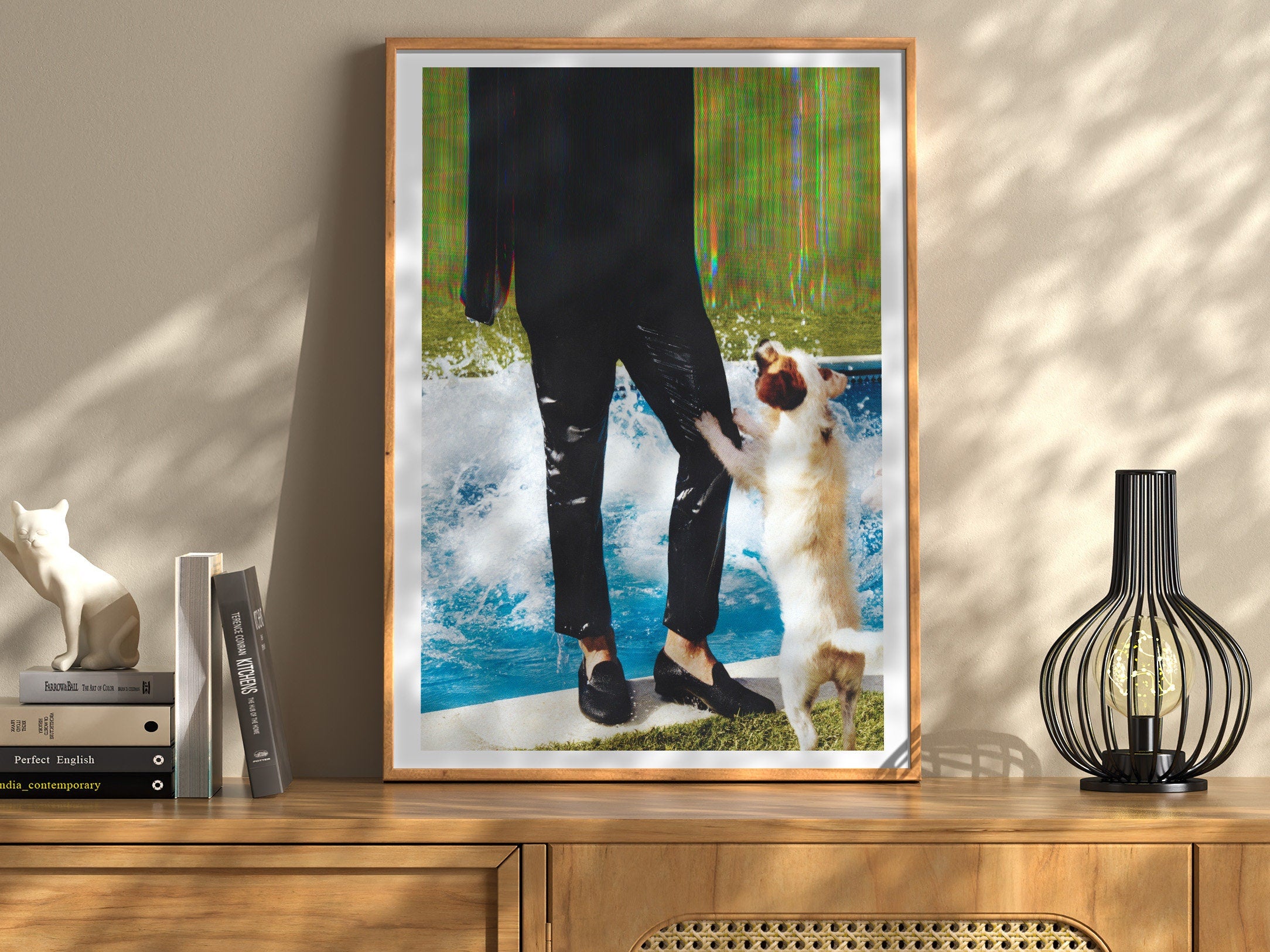 Blue Green Altered Fashion Photo Wall Art - Man and Dog Near Pool, Eclectic Decor for Home, Office, Living Room | Untitled (47) Giclée Print