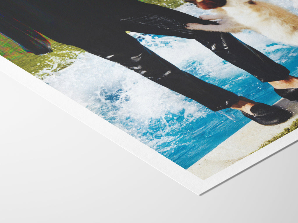 Blue Green Altered Fashion Photo Wall Art - Man and Dog Near Pool, Eclectic Decor for Home, Office, Living Room | Untitled (47) Giclée Print