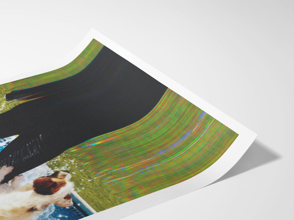 Blue Green Altered Fashion Photo Wall Art - Man and Dog Near Pool, Eclectic Decor for Home, Office, Living Room | Untitled (47) Giclée Print