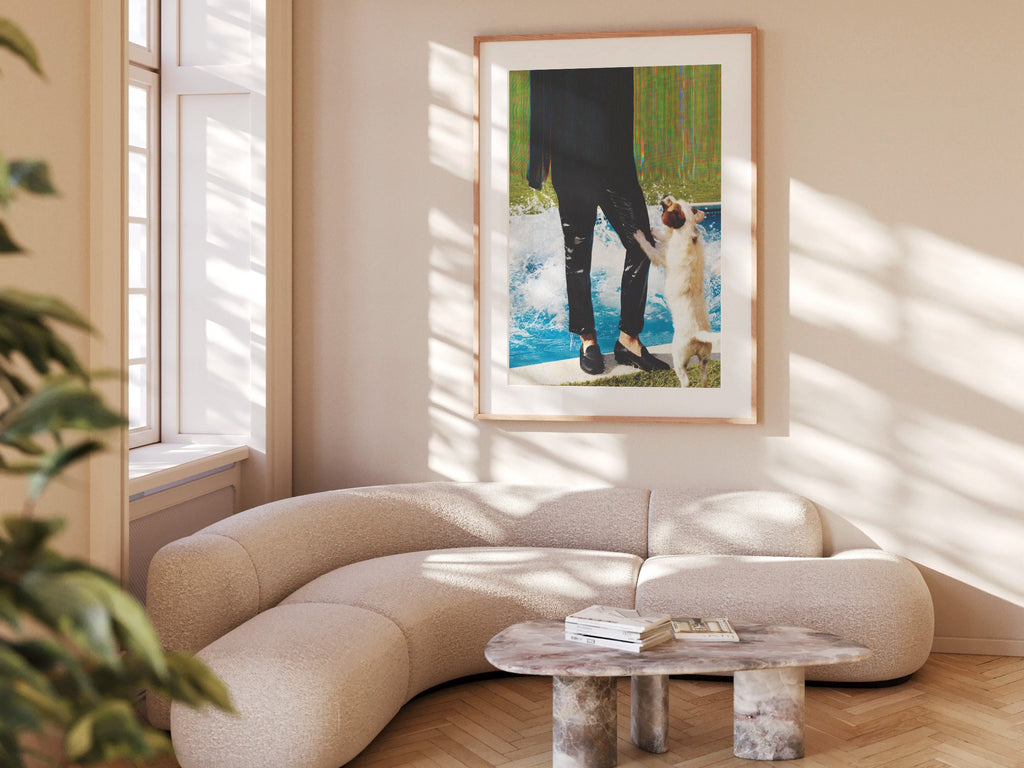 Blue Green Altered Fashion Photo Wall Art - Man and Dog Near Pool, Eclectic Decor for Home, Office, Living Room | Untitled (47) Giclée Print