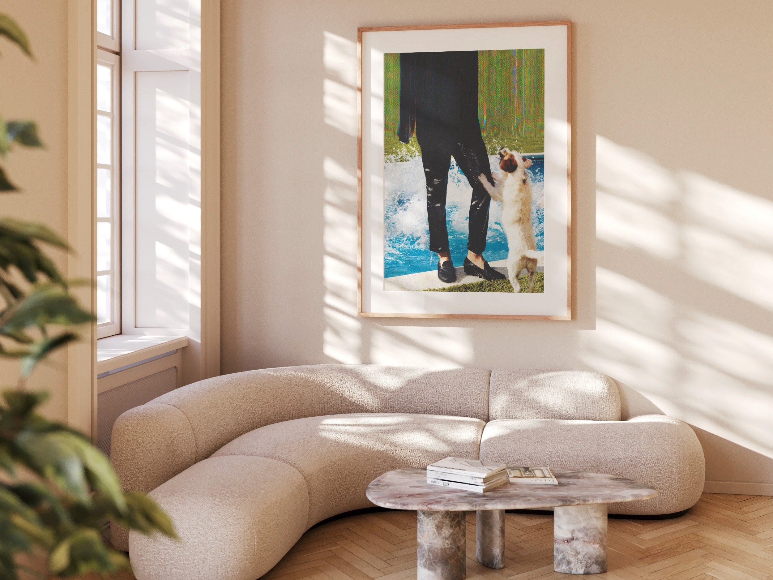 Blue Green Altered Fashion Photo Wall Art - Man and Dog Near Pool, Eclectic Decor for Home, Office, Living Room | Untitled (47) Giclée Print