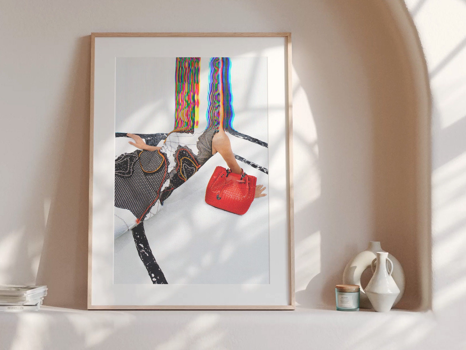 Surreal Fashion Portrait with Red Handbag - Colorful Glitch Art for Modern Home Decor | Untitled (52) Giclée Print