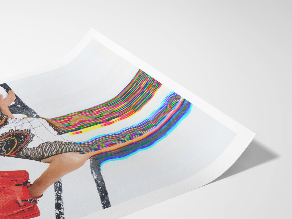 Surreal Fashion Portrait with Red Handbag - Colorful Glitch Art for Modern Home Decor | Untitled (52) Giclée Print