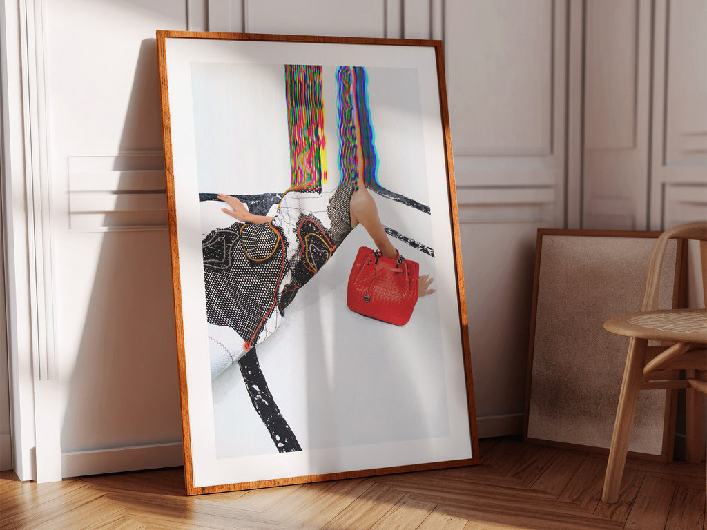 Surreal Fashion Portrait with Red Handbag - Colorful Glitch Art for Modern Home Decor | Untitled (52) Giclée Print