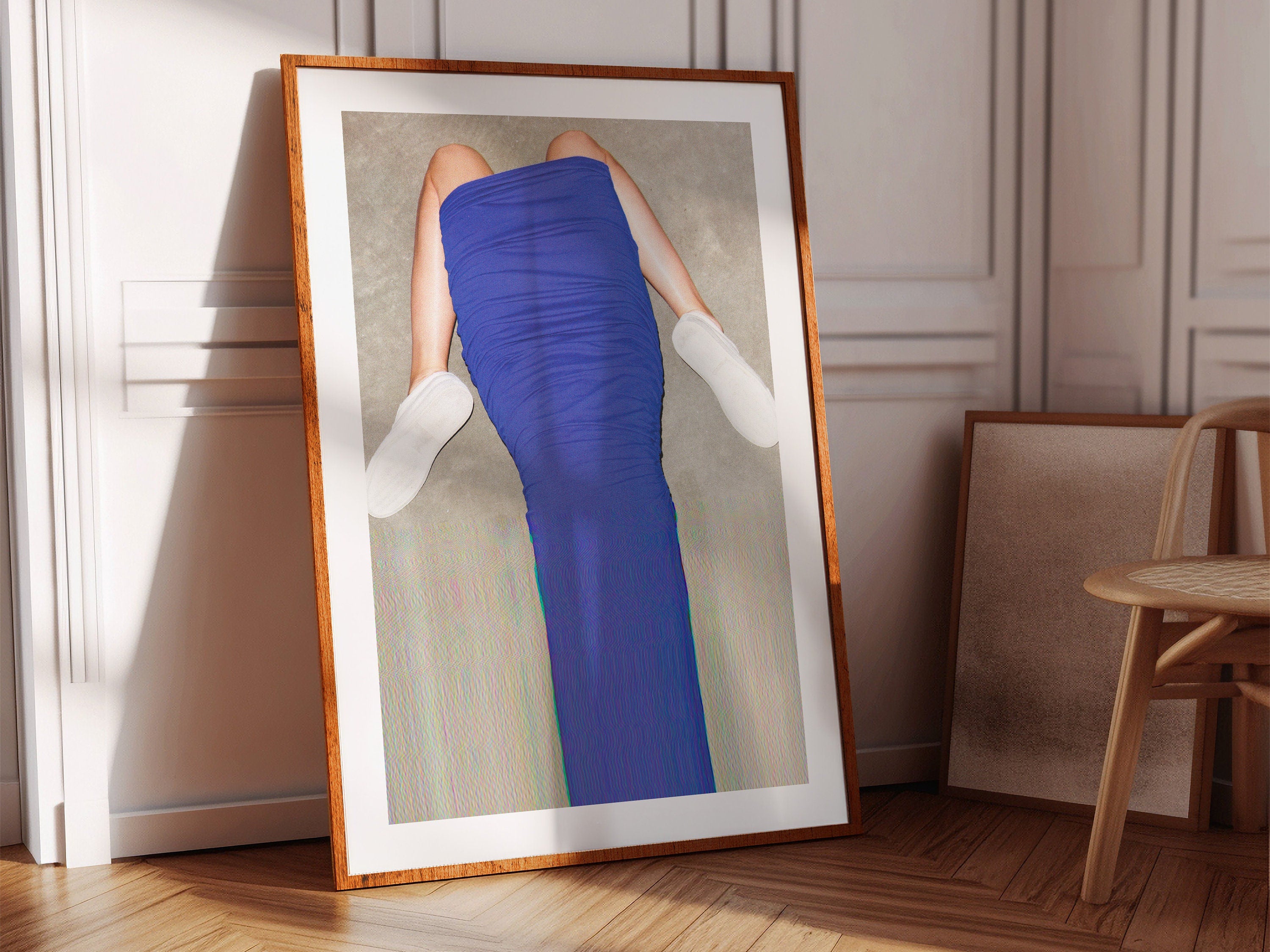 Surreal Altered Fashion Photo Art - Bold Blue Draped Dress with Minimalist Footwear for Contemporary Decor | Untitled (62) Giclée Print
