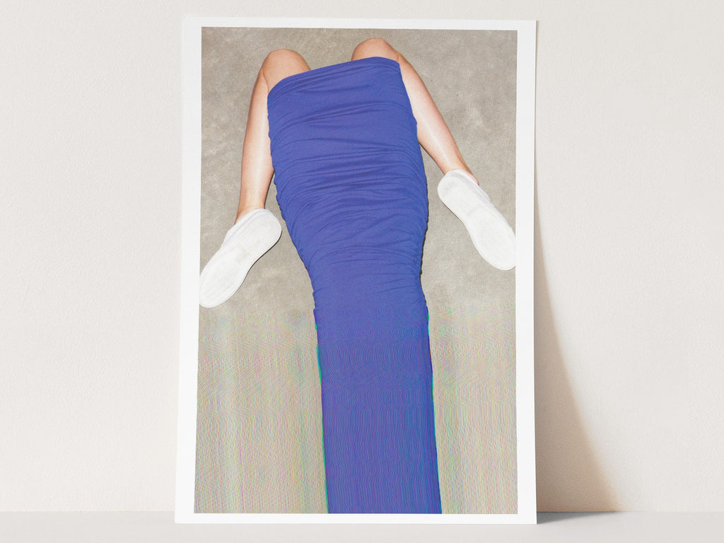 Surreal Altered Fashion Photo Art - Bold Blue Draped Dress with Minimalist Footwear for Contemporary Decor | Untitled (62) Giclée Print