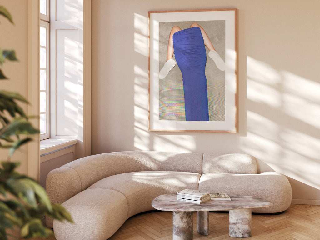 Surreal Altered Fashion Photo Art - Bold Blue Draped Dress with Minimalist Footwear for Contemporary Decor | Untitled (62) Giclée Print