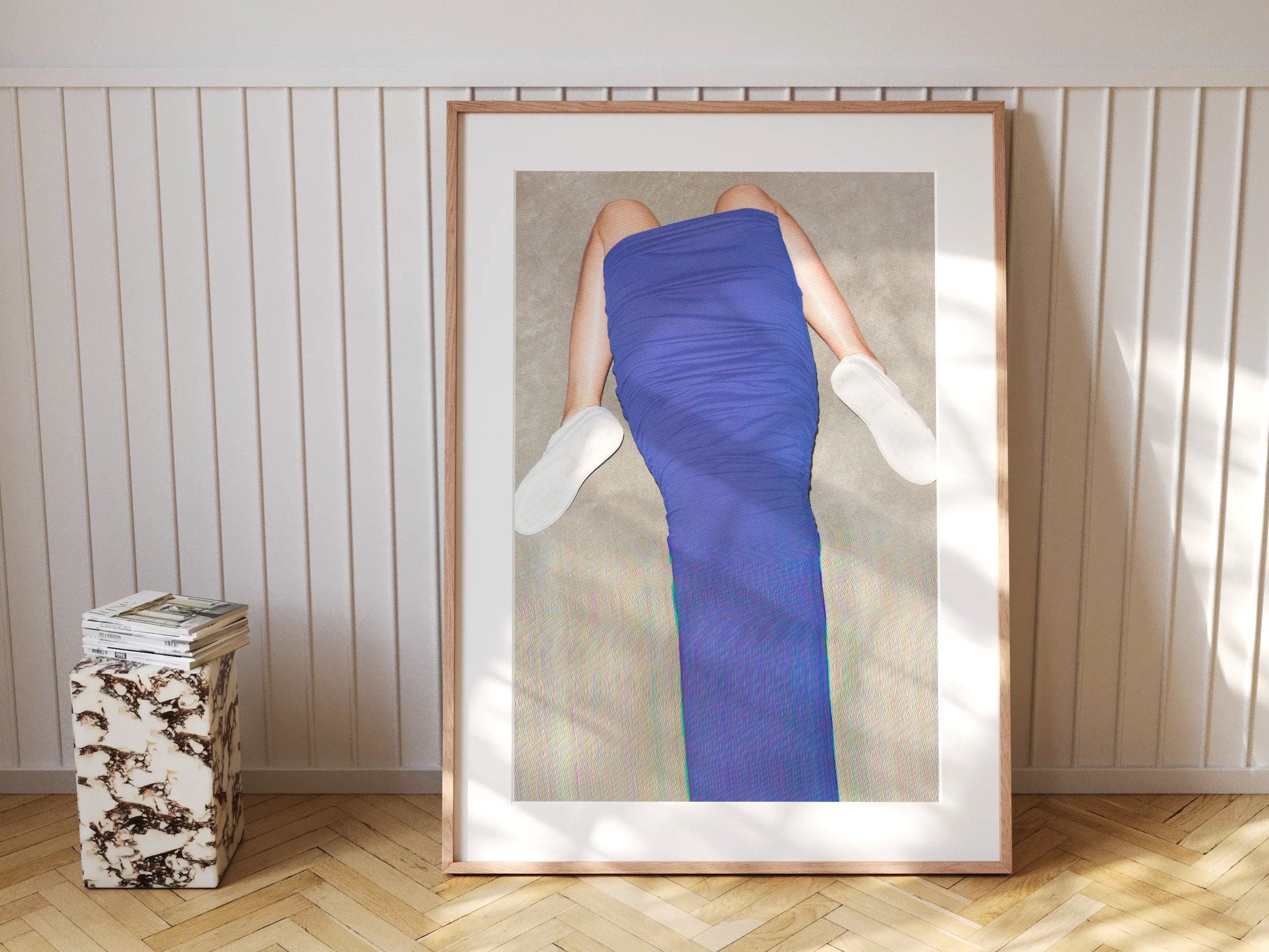 Surreal Altered Fashion Photo Art - Bold Blue Draped Dress with Minimalist Footwear for Contemporary Decor | Untitled (62) Giclée Print