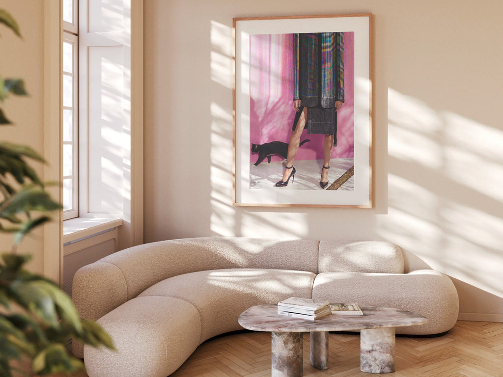 Chic Altered Fashion Portrait with Cat - Playful Surreal Wall Art for Contemporary Home Decor | Untitled (81) Giclée Print