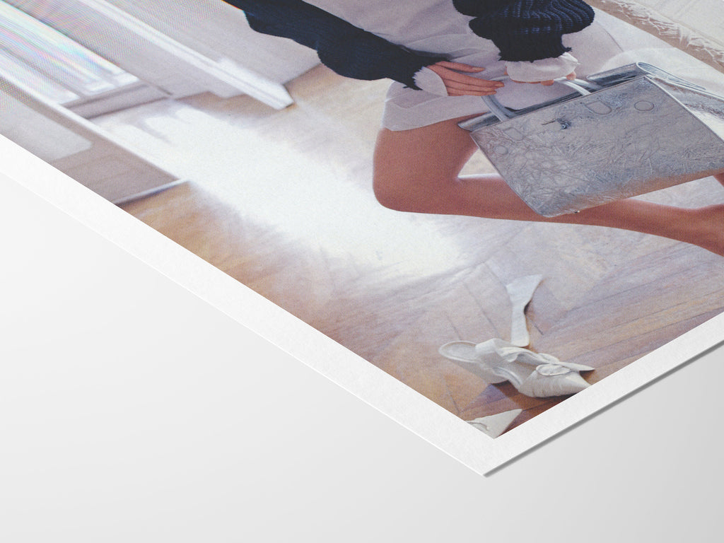 Chic Minimalist Fashion Portrait Wall Art - Elegant Silver Handbag and Cozy Knit Sweater Decor for Home | Untitled (109) Giclée Print