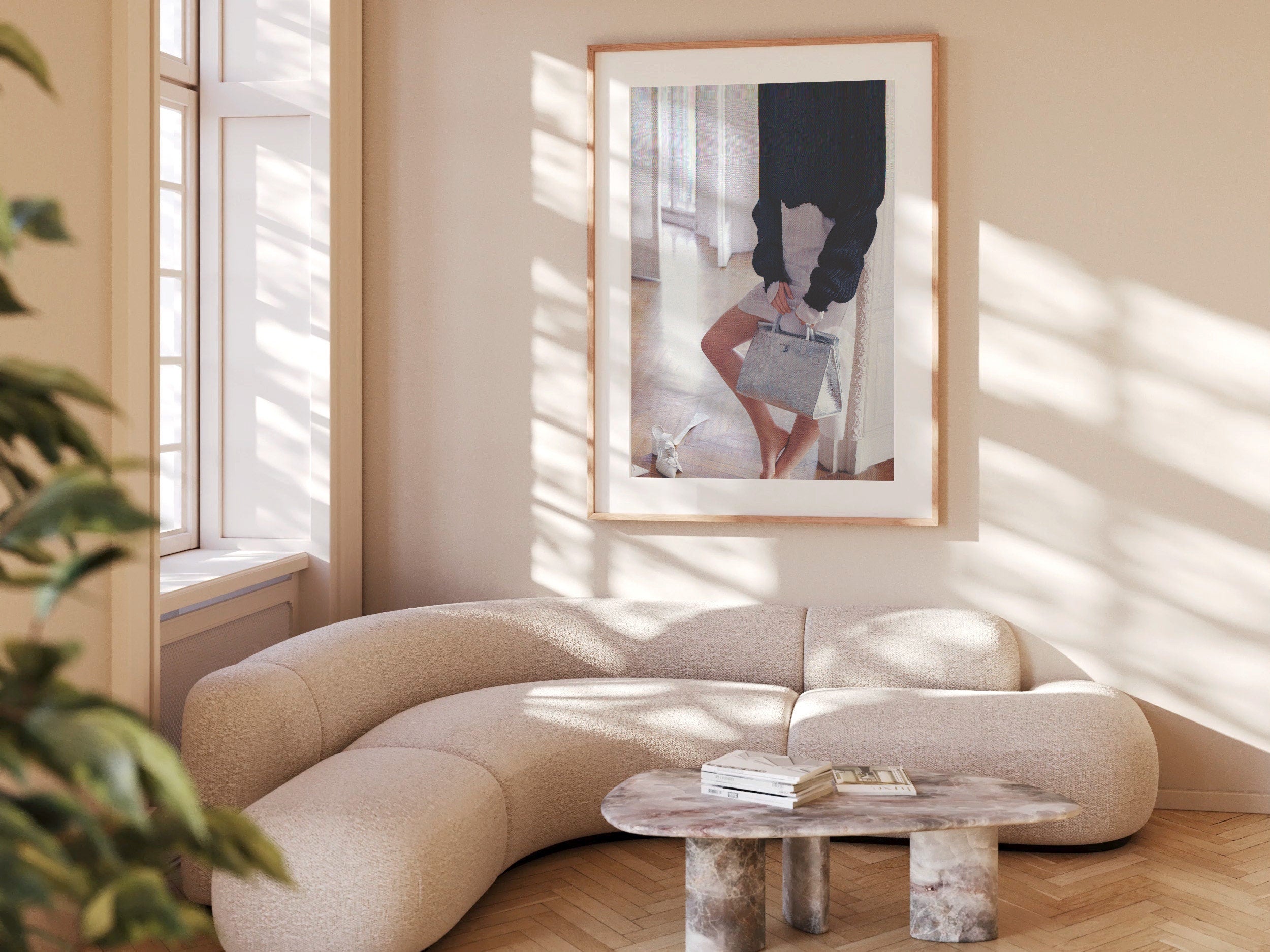 Chic Minimalist Fashion Portrait Wall Art - Elegant Silver Handbag and Cozy Knit Sweater Decor for Home | Untitled (109) Giclée Print