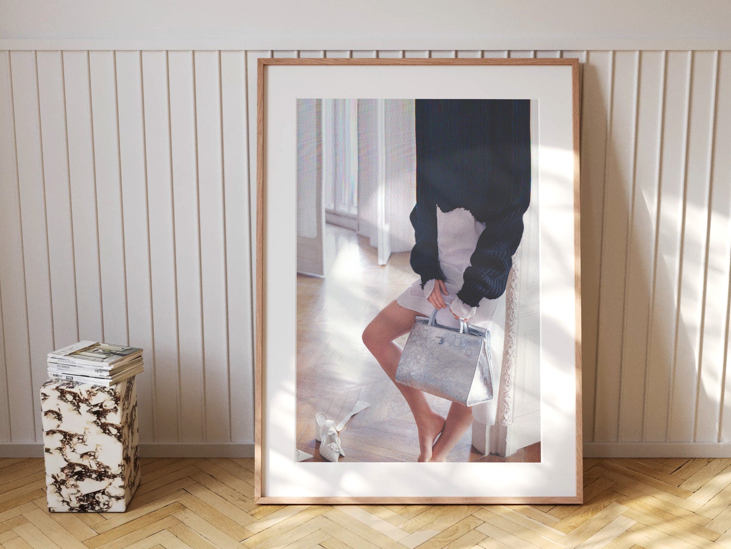 Chic Minimalist Fashion Portrait Wall Art - Elegant Silver Handbag and Cozy Knit Sweater Decor for Home | Untitled (109) Giclée Print