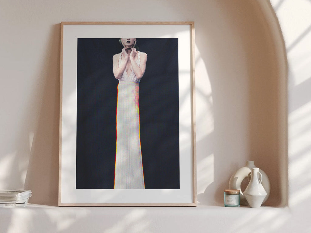 Surreal Elegant White Dress Portrait - Unique Altered Fashion Art for Contemporary Home Decor | Untitled (151) Giclée Print