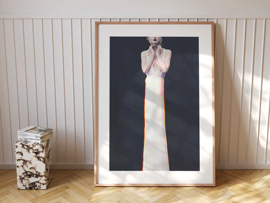 Surreal Elegant White Dress Portrait - Unique Altered Fashion Art for Contemporary Home Decor | Untitled (151) Giclée Print