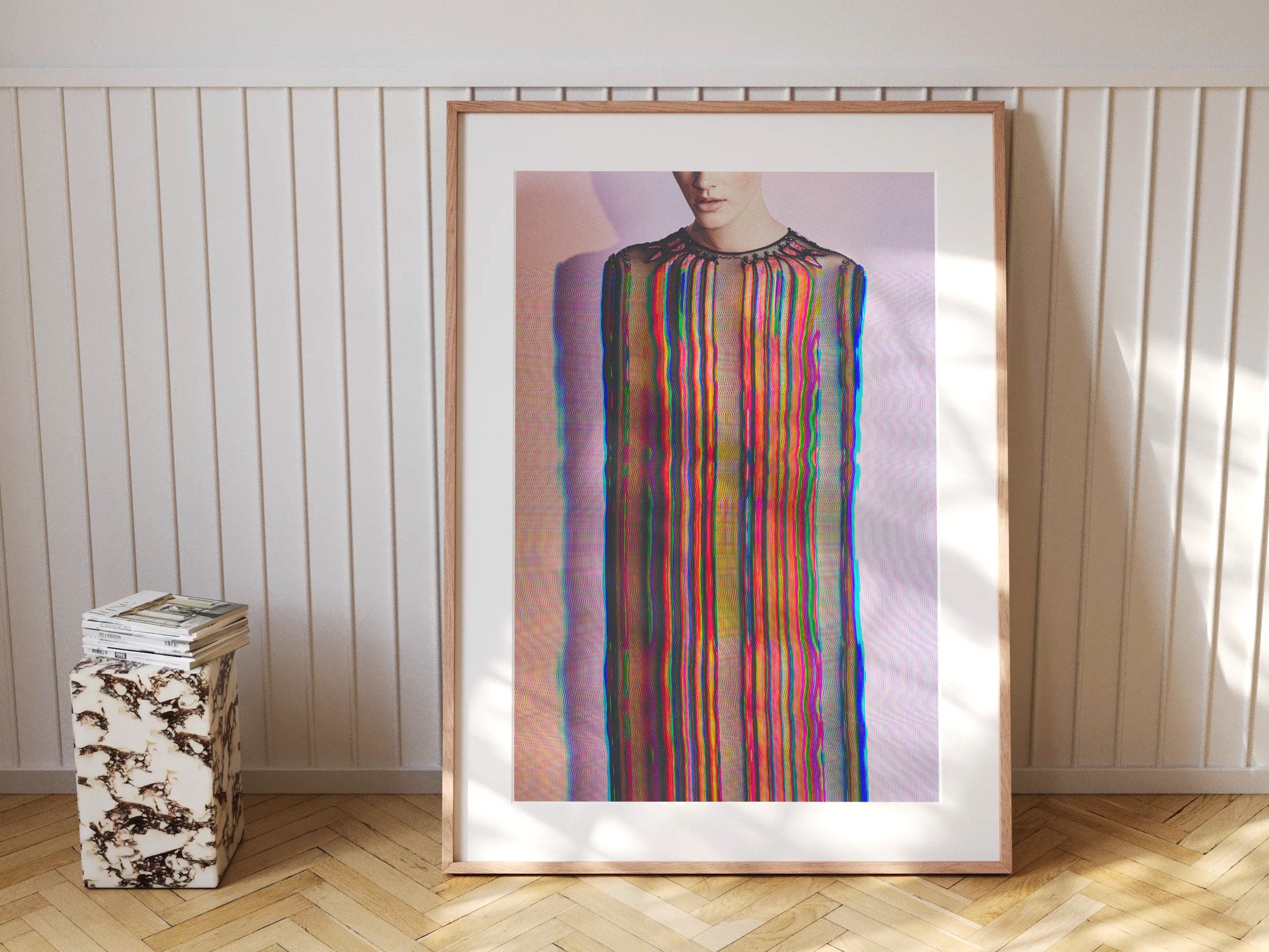 Glitch Altered Female Portrait Artwork - Colorful Purple Pastel Wall Decor for Living Room, Bathroom Bedroom | Untitled (158) Giclée Print