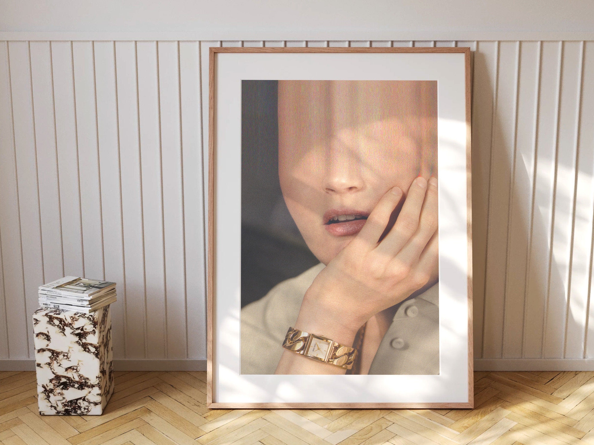 Glitch Altered Woman's Watch Ad Portrait Photo Art - Funky Postmodern Wall Decor for Home, Office, Bedroom | Untitled (195) Giclée Print