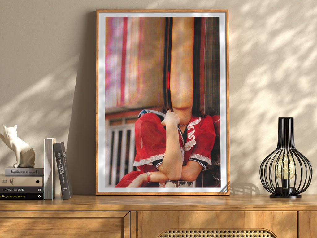 Altered Romantic Portrait Photo - Red, White Woman Holding Payphone, Cute Wall Decor for Home, Office, Bedroom | Untitled (208) Giclée Print