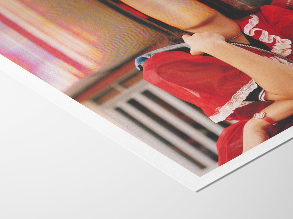 Altered Romantic Portrait Photo - Red, White Woman Holding Payphone, Cute Wall Decor for Home, Office, Bedroom | Untitled (208) Giclée Print