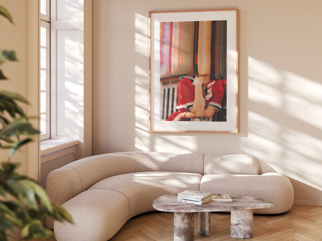Altered Romantic Portrait Photo - Red, White Woman Holding Payphone, Cute Wall Decor for Home, Office, Bedroom | Untitled (208) Giclée Print