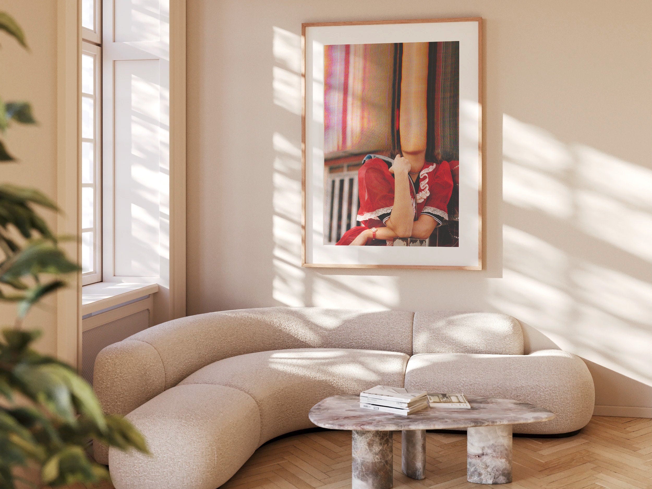 Altered Romantic Portrait Photo - Red, White Woman Holding Payphone, Cute Wall Decor for Home, Office, Bedroom | Untitled (208) Giclée Print