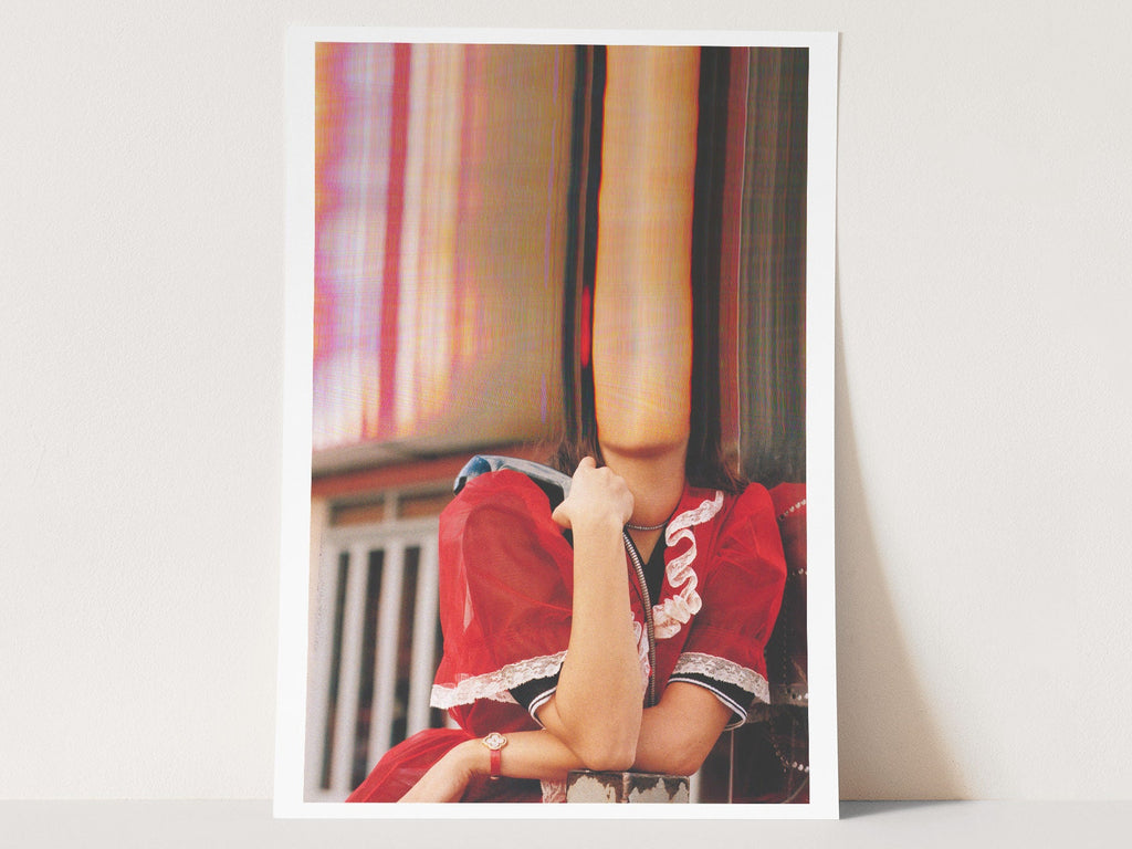 Altered Romantic Portrait Photo - Red, White Woman Holding Payphone, Cute Wall Decor for Home, Office, Bedroom | Untitled (208) Giclée Print