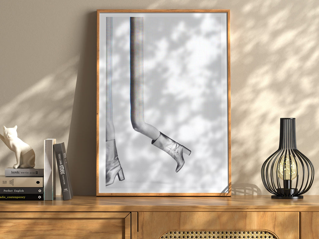 Metallic Boots Glitch Black and White Fashion Photo - Playful Minimalist Wall Decor for Home, Office, Bathroom | Untitled (217) Giclée Print