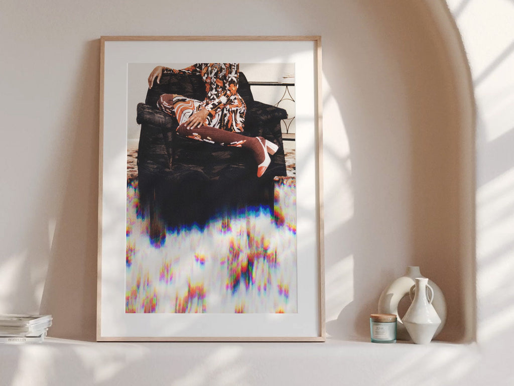 Retro 1970s Living Room Wall Art Print - African American Glitch Fashion Photo - Orange, Brown, Black Floral | Untitled (278) Giclée Print