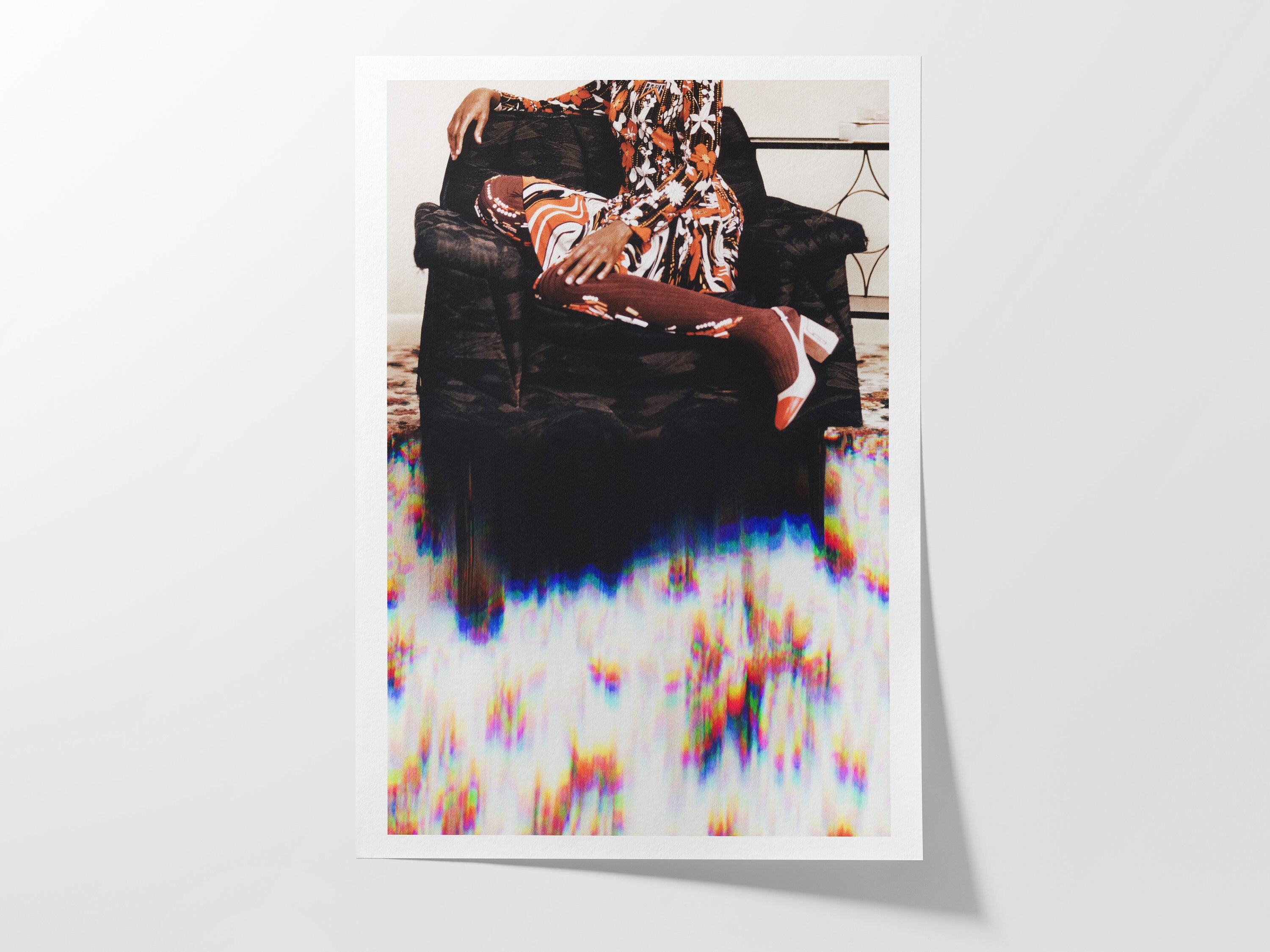 Retro 1970s Living Room Wall Art Print - African American Glitch Fashion Photo - Orange, Brown, Black Floral | Untitled (278) Giclée Print
