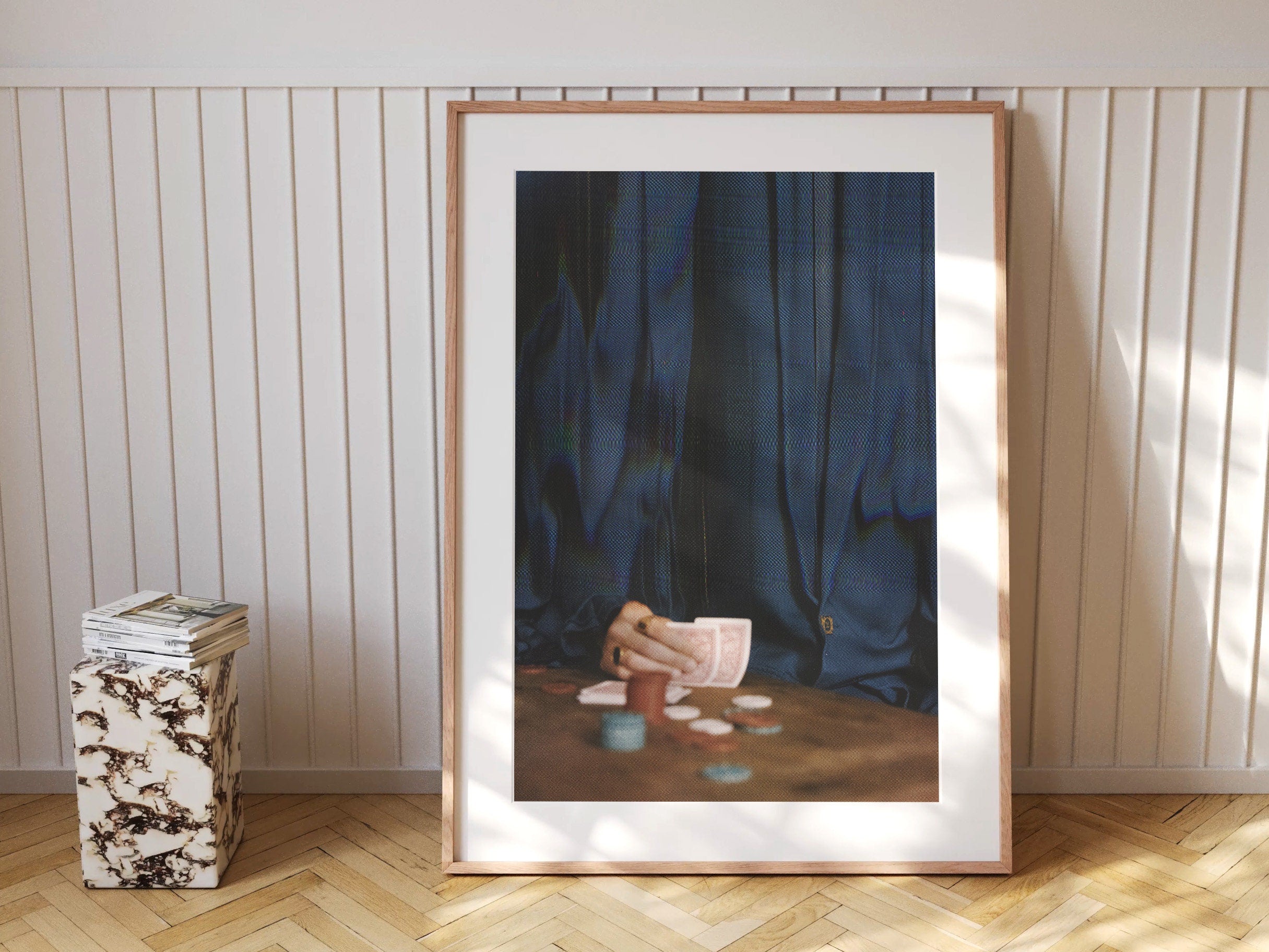 Poker Art Print - Altered Glitch Aesthetic - Navy Blue Classy Wall Decor for Living Room, Office, Man Cave | Untitled (313) Giclée Print