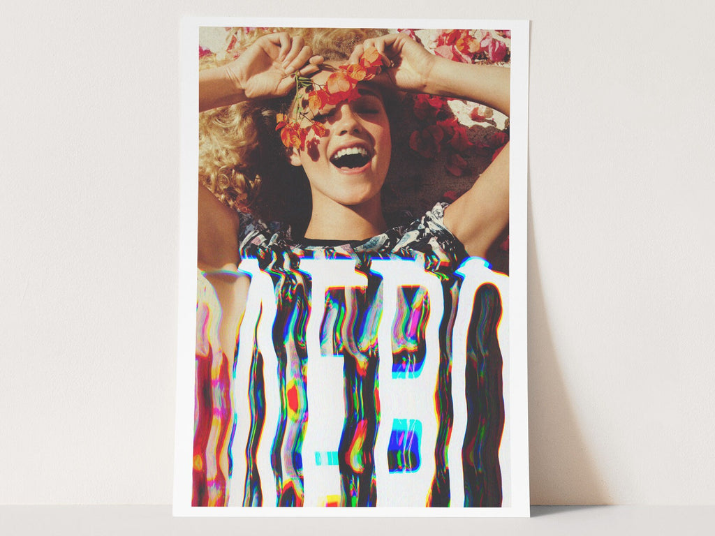Vibrant Altered Portrait of Joyful Woman with Flowers - Colorful Glitch Art for Contemporary Home Decor | Untitled (7) Giclée Print