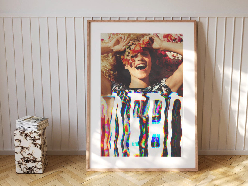 Vibrant Altered Portrait of Joyful Woman with Flowers - Colorful Glitch Art for Contemporary Home Decor | Untitled (7) Giclée Print
