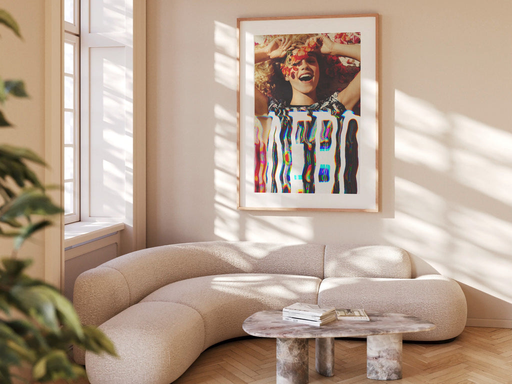 Vibrant Altered Portrait of Joyful Woman with Flowers - Colorful Glitch Art for Contemporary Home Decor | Untitled (7) Giclée Print