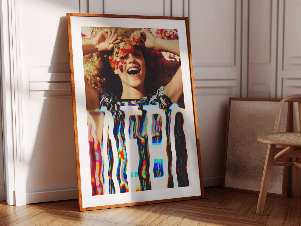 Vibrant Altered Portrait of Joyful Woman with Flowers - Colorful Glitch Art for Contemporary Home Decor | Untitled (7) Giclée Print