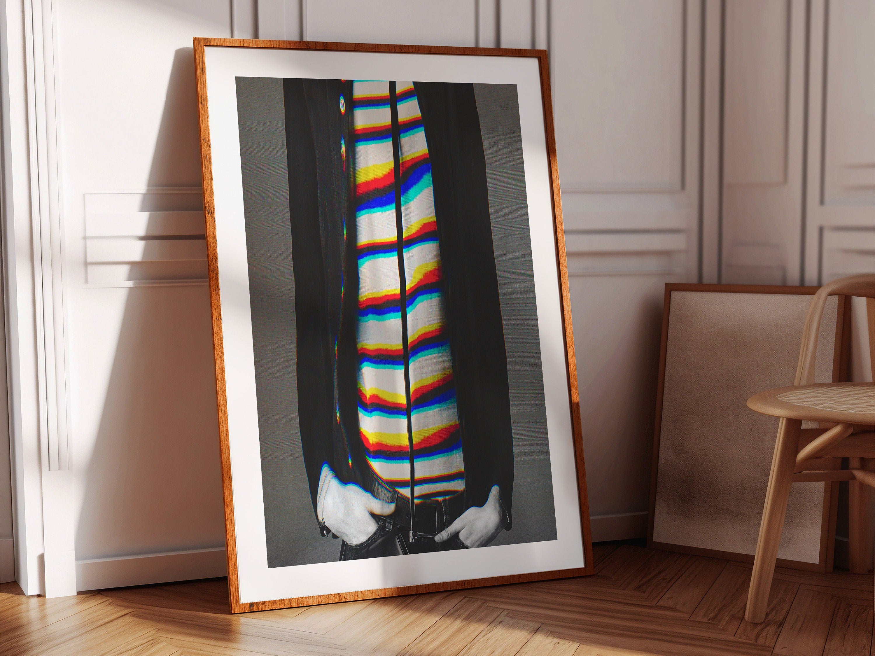 Stylish Altered Fashion Portrait - Colorful Striped Shirt with Abstract Glitch Aesthetic for Modern Decor | Untitled (12) Giclée Print