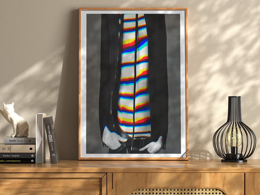 Stylish Altered Fashion Portrait - Colorful Striped Shirt with Abstract Glitch Aesthetic for Modern Decor | Untitled (12) Giclée Print