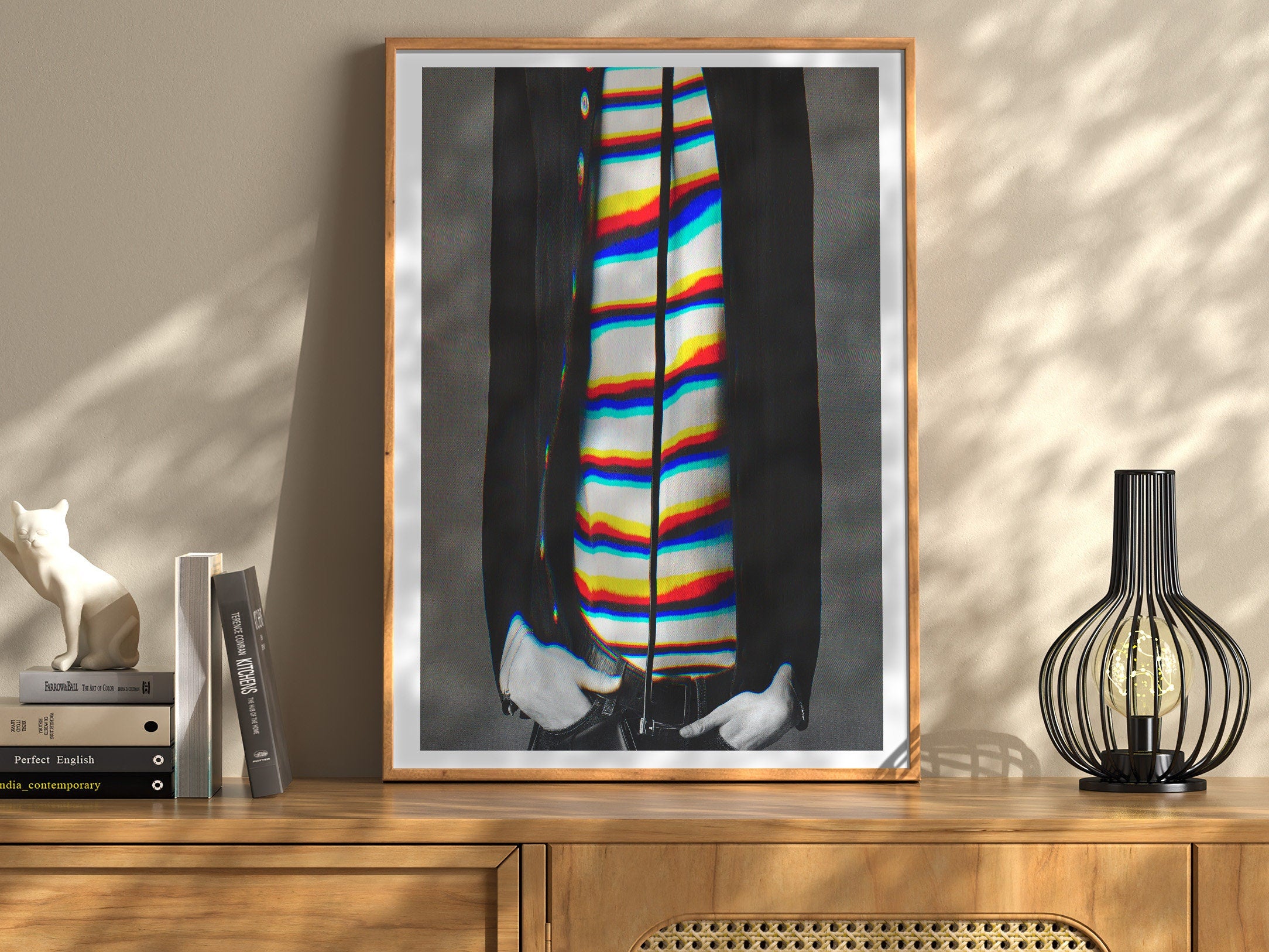 Stylish Altered Fashion Portrait - Colorful Striped Shirt with Abstract Glitch Aesthetic for Modern Decor | Untitled (12) Giclée Print