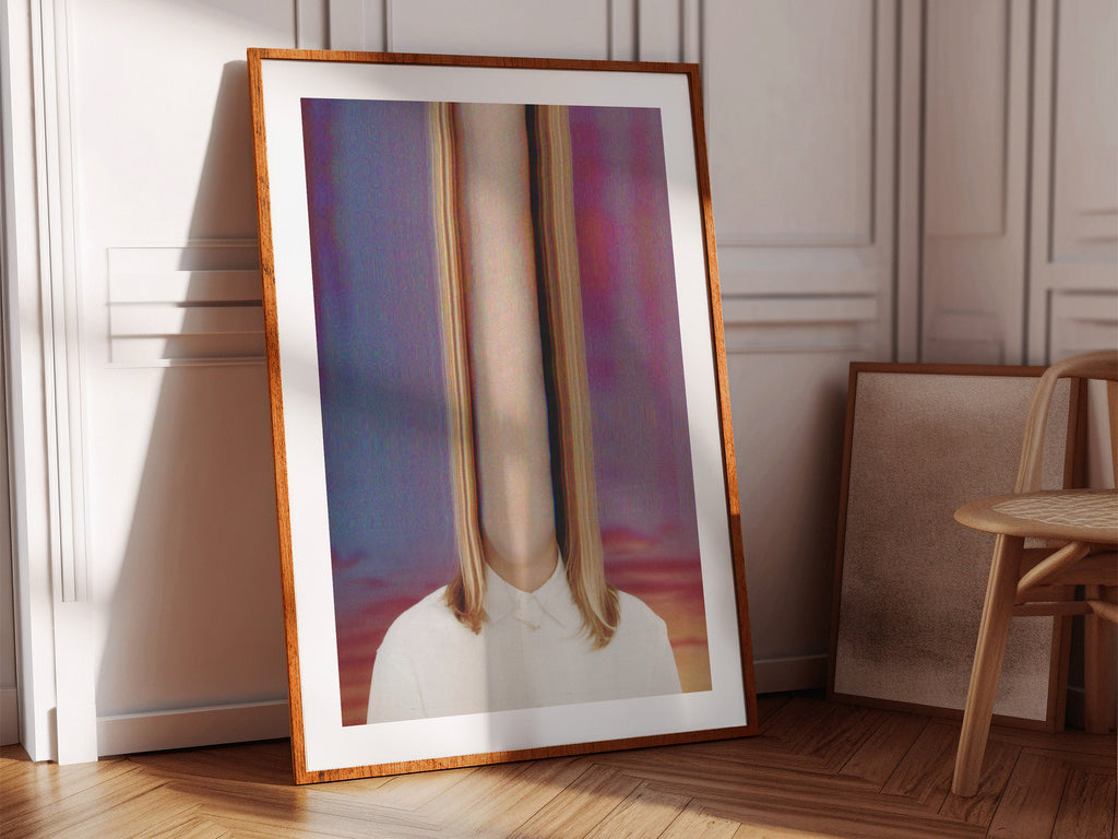 Glitch Altered Female Portrait Artwork - Colorful Blue, Purple, Pink Pastel Wall Decor for Living Room, Bedroom | Untitled (38) Giclée Print