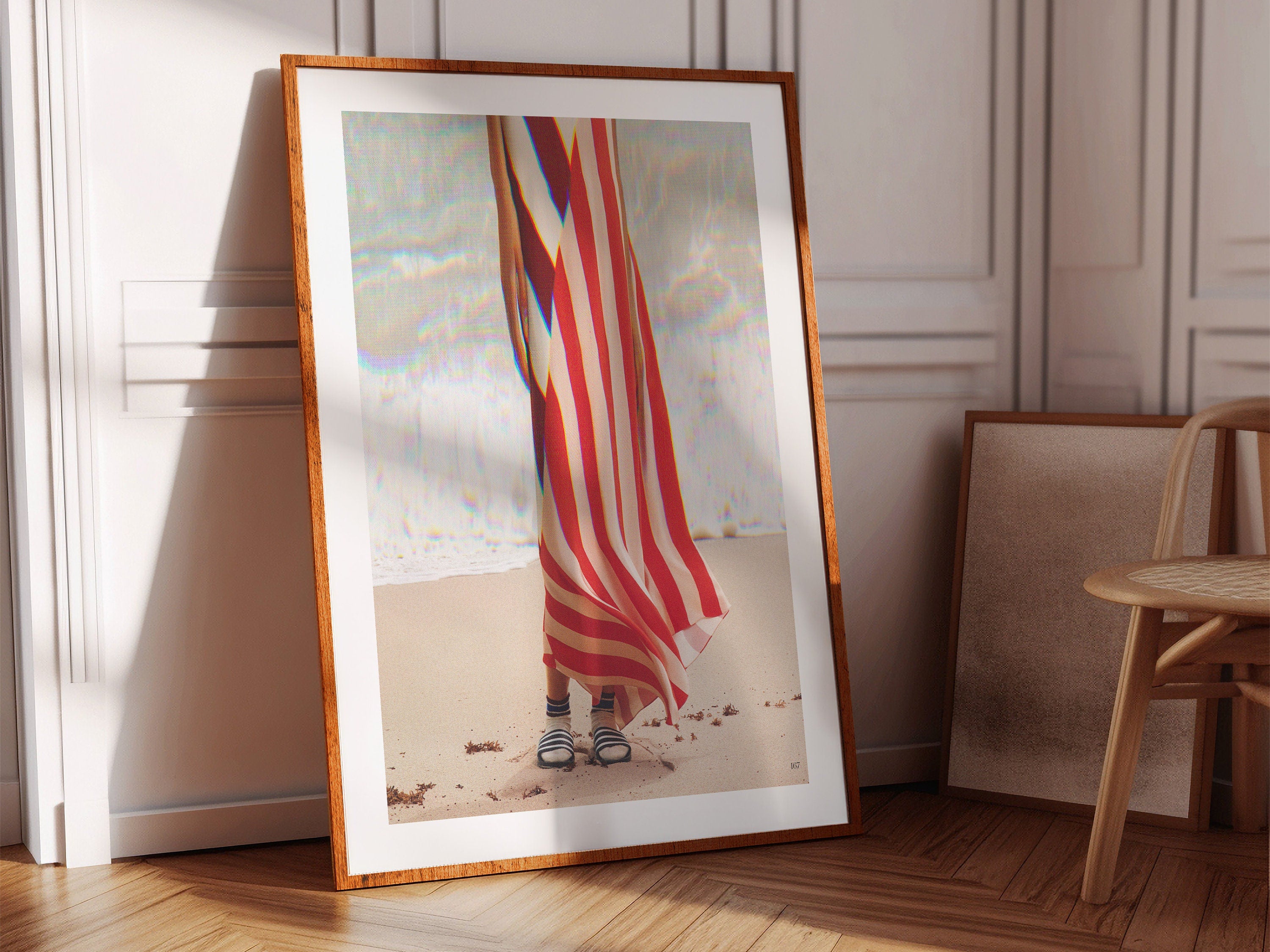 Surreal Altered Woman Portrait Wall Art - Red and White Stripes, Ocean Beach Aesthetic Decor for Home, Office | Untitled (40) Giclée Print